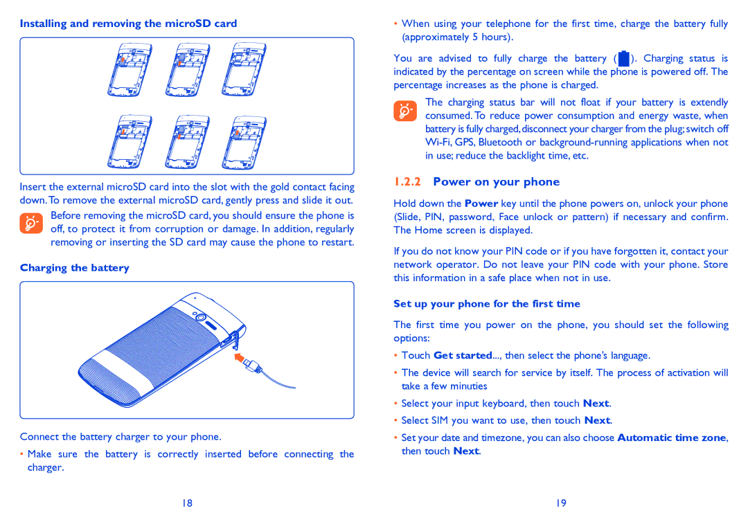 Alcatel ONE TOUCH 992D manual Power on your phone, Installing and removing the microSD card, Charging the battery 