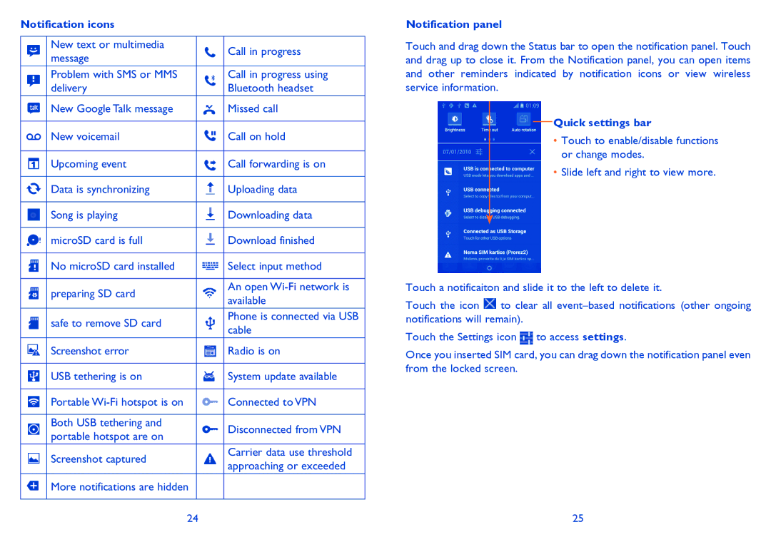 Alcatel ONE TOUCH 992D manual Notification icons, Notification panel, Quick settings bar 