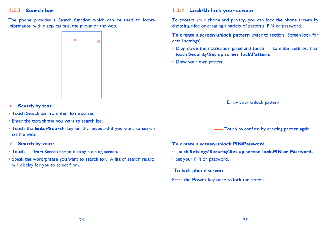 Alcatel ONE TOUCH 992D manual Search bar, Lock/Unlock your screen, Search by text, Search by voice, To lock phone screen 