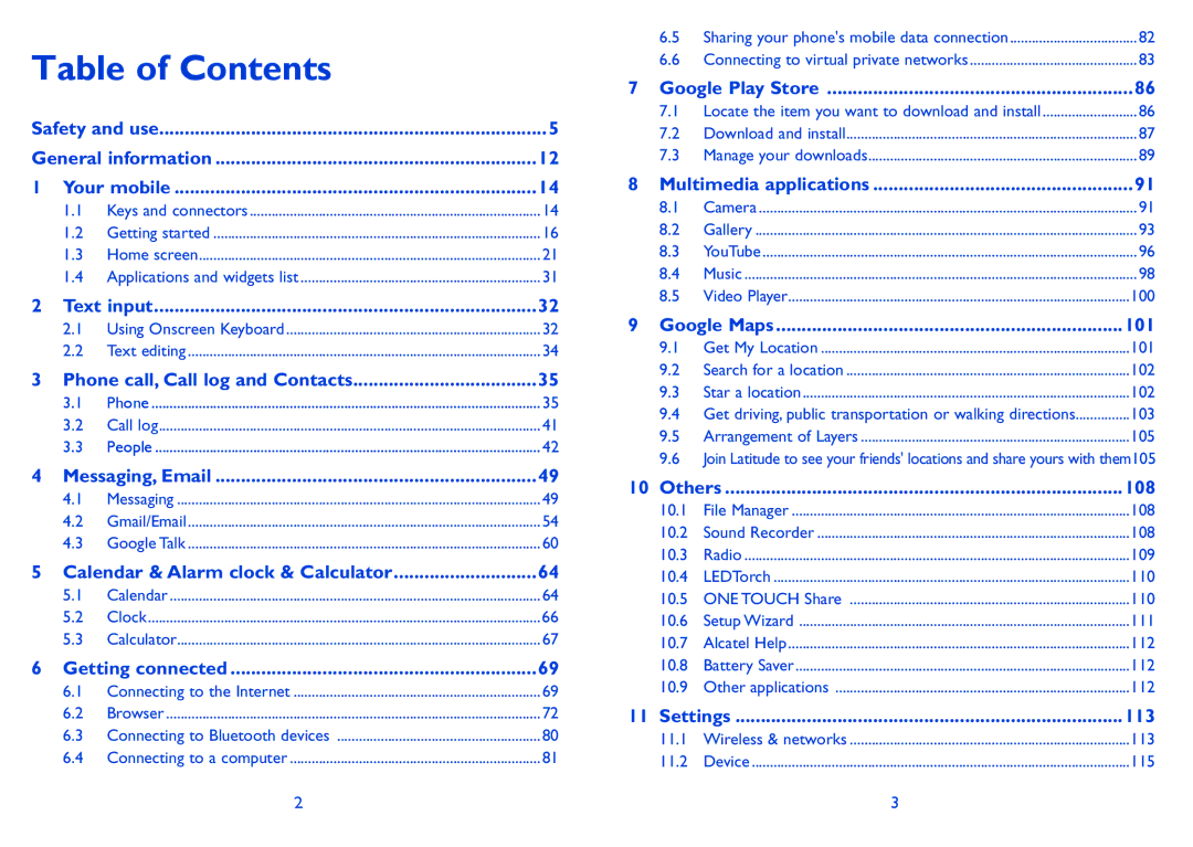 Alcatel ONE TOUCH 992D manual Table of Contents 