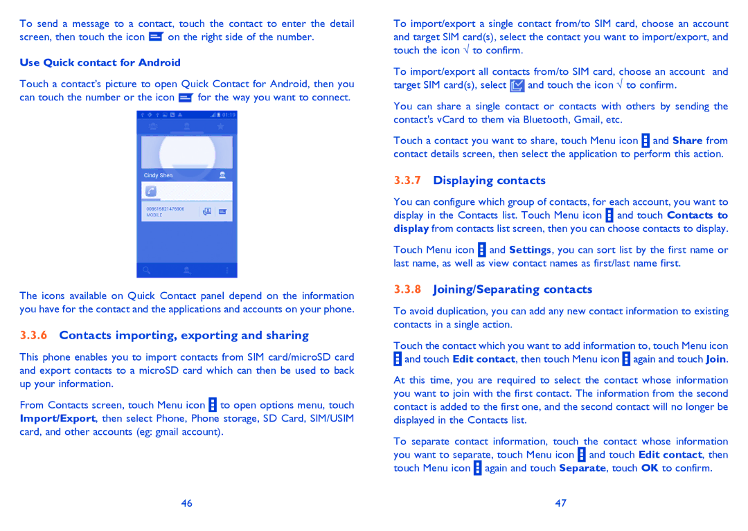 Alcatel ONE TOUCH 992D manual Contacts importing, exporting and sharing, Displaying contacts, Joining/Separating contacts 