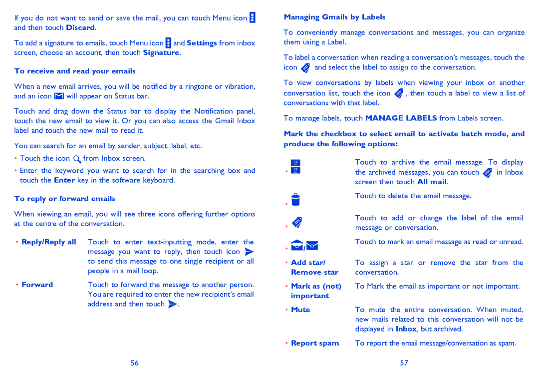 Alcatel ONE TOUCH 992D To receive and read your emails, To reply or forward emails, Managing Gmails by Labels, Add star 