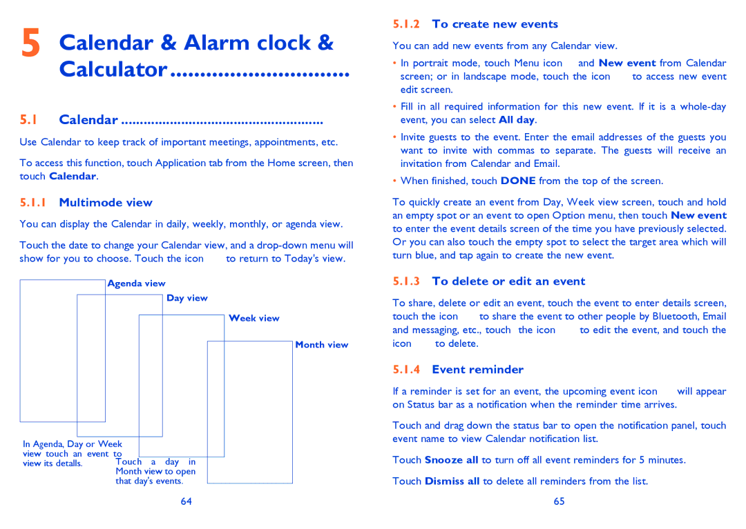 Alcatel ONE TOUCH 992D manual Calendar & Alarm clock Calculator 