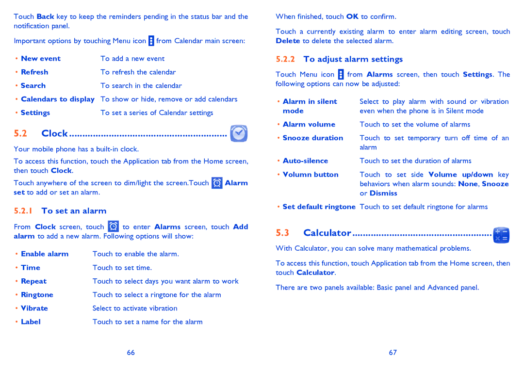 Alcatel ONE TOUCH 992D manual Clock, Calculator, To set an alarm, To adjust alarm settings 