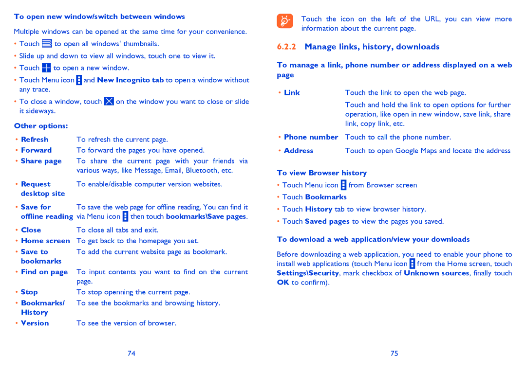 Alcatel ONE TOUCH 992D manual Manage links, history, downloads 