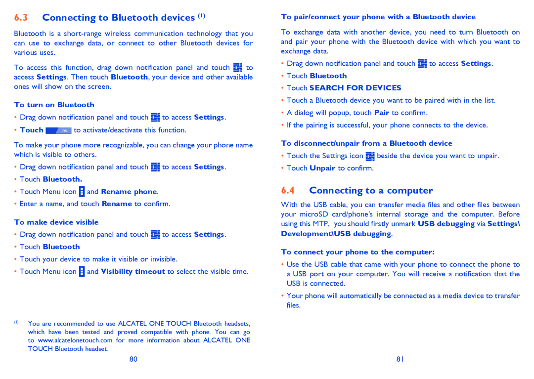 Alcatel ONE TOUCH 992D manual Connecting to Bluetooth devices, Connecting to a computer 