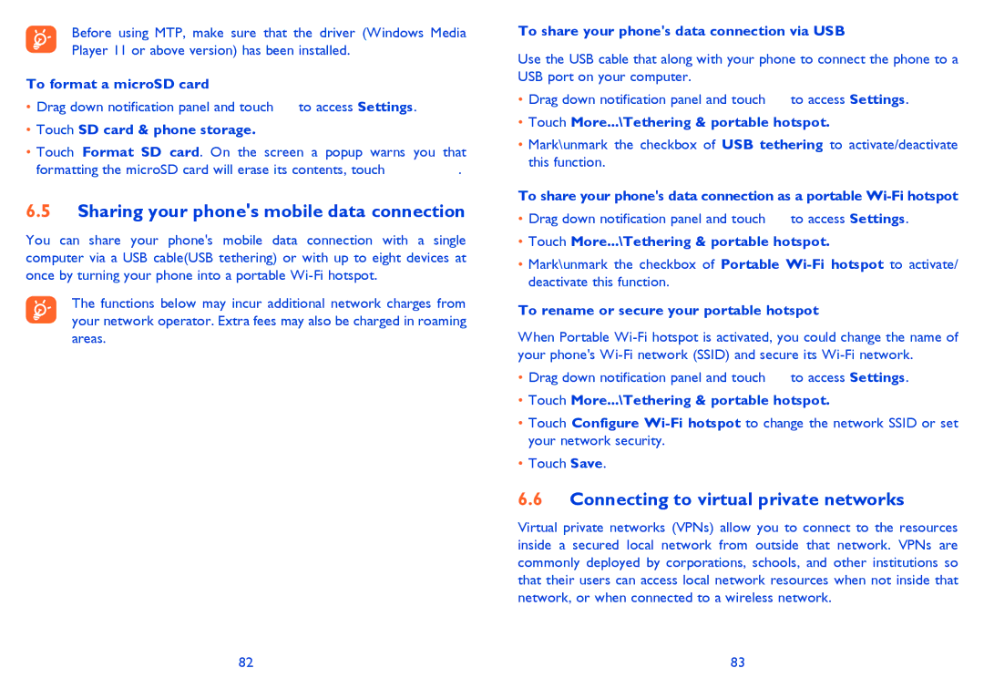 Alcatel ONE TOUCH 992D manual Sharing your phones mobile data connection, Connecting to virtual private networks 