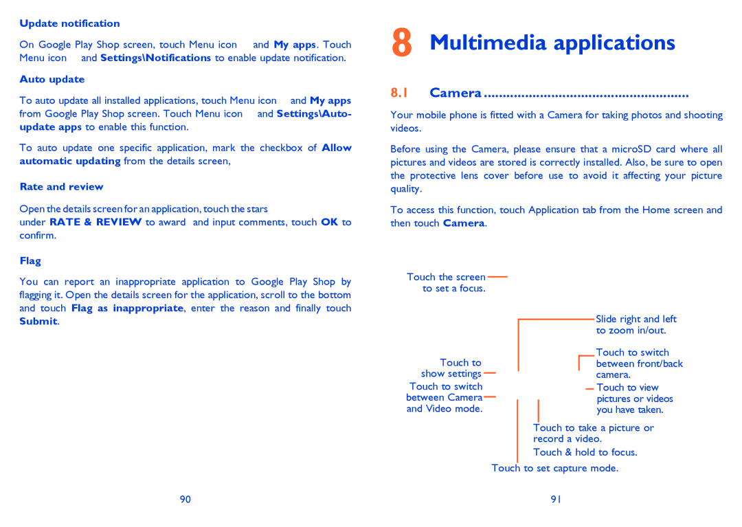 Alcatel ONE TOUCH 992D manual Multimedia applications, Camera 
