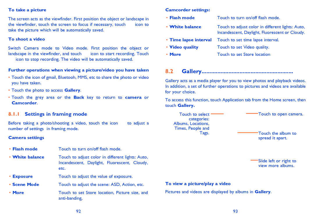 Alcatel ONE TOUCH 992D manual Gallery, Settings in framing mode 