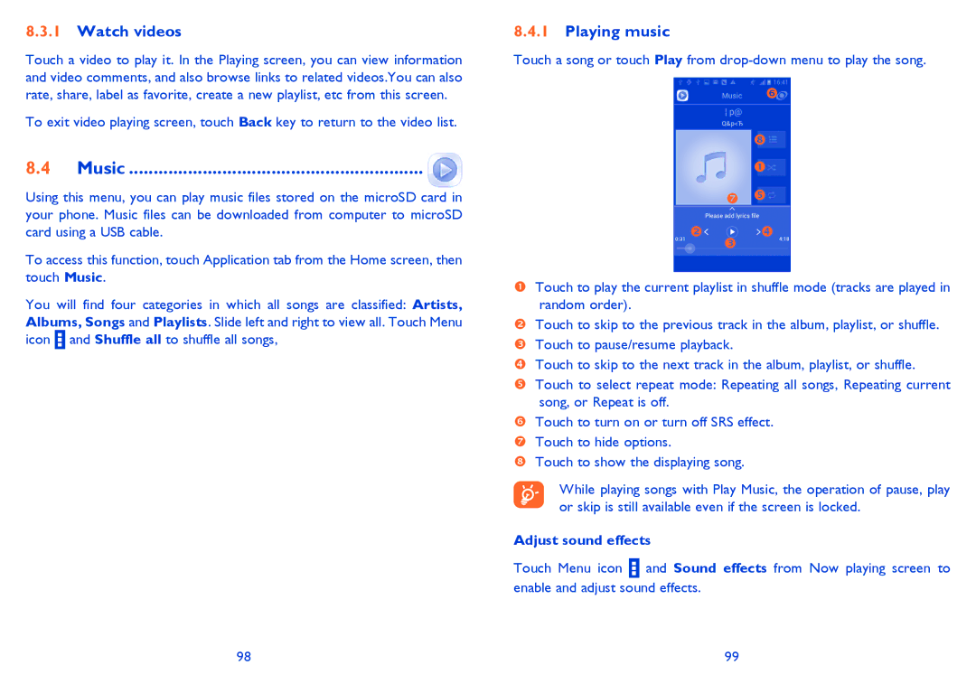 Alcatel ONE TOUCH 992D manual Music, Watch videos, Playing music, Adjust sound effects 