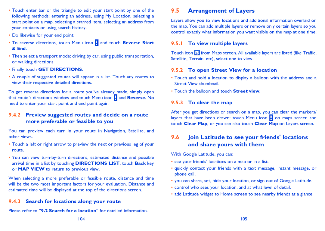 Alcatel ONE TOUCH 992D manual Arrangement of Layers, Search for locations along your route, To view multiple layers 