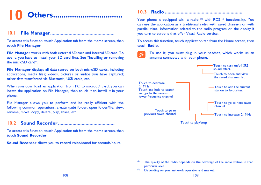 Alcatel ONE TOUCH 992D manual Others, File Manager, Sound Recorder, Radio 