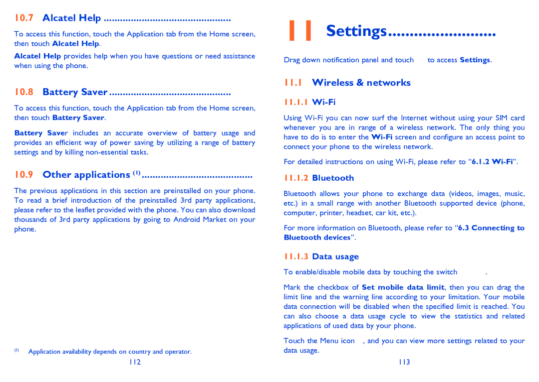 Alcatel ONE TOUCH 992D manual Settings, Alcatel Help, Battery Saver, Other applications, Wireless & networks 