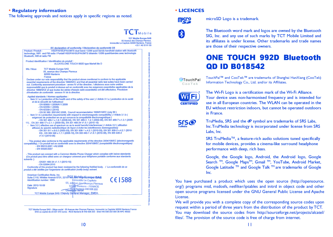 Alcatel ONE TOUCH 992D manual Regulatory information, Licences 