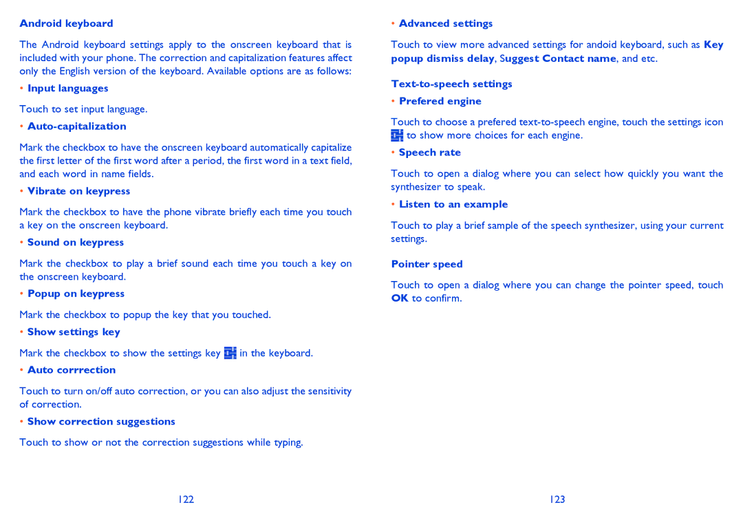 Alcatel ONE TOUCH 992D Android keyboard, Input languages, Auto-capitalization, Vibrate on keypress, Sound on keypress 