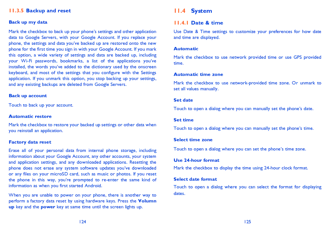 Alcatel ONE TOUCH 992D manual System, Backup and reset, Date & time 