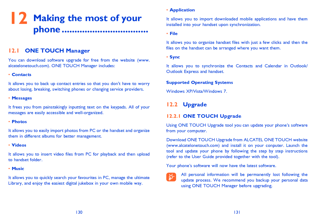 Alcatel ONE TOUCH 992D manual Making the most of your Phone, ONE Touch Manager, ONE Touch Upgrade 