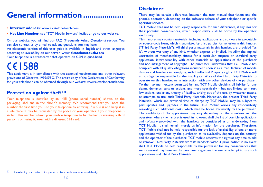 Alcatel ONE TOUCH 992D manual General information, Protection against theft, Disclaimer 