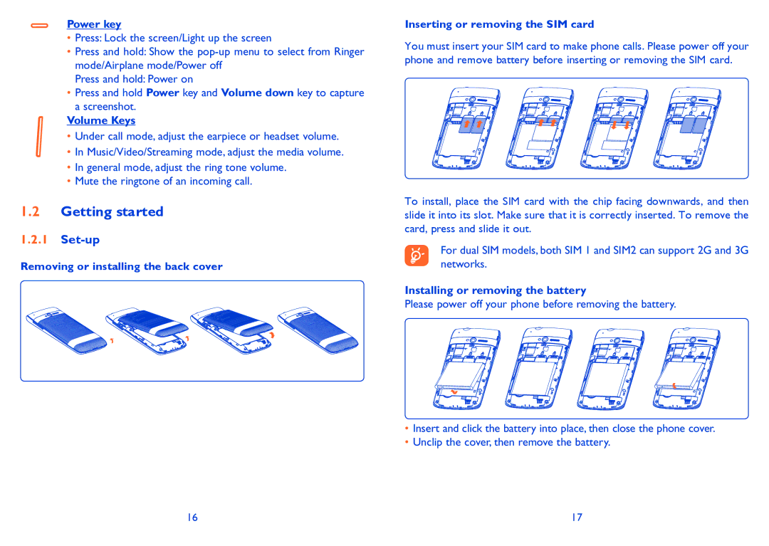 Alcatel ONE TOUCH 992D manual Getting started, Set-up, Power key, Volume Keys, Installing or removing the battery 