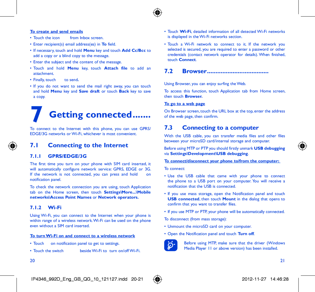 Alcatel ONE TOUCH 992D manual Getting connected, Connecting to the Internet, Browser, Connecting to a computer 