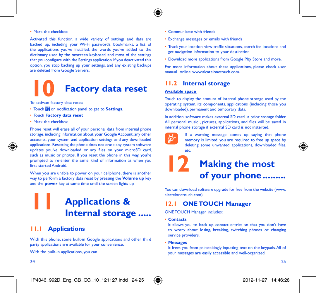Alcatel ONE TOUCH 992D manual Factory data reset, Applications Internal storage, Making the most Your phone 