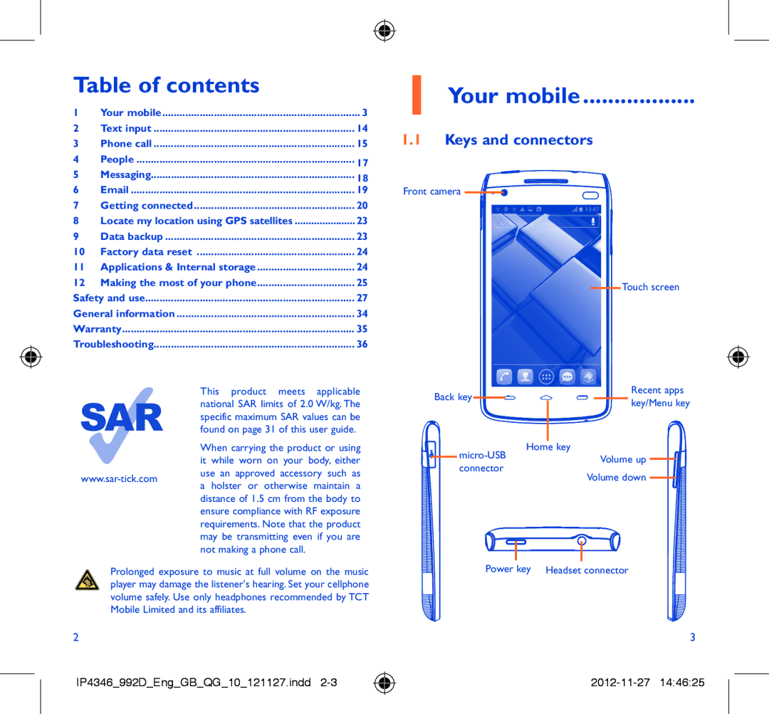 Alcatel ONE TOUCH 992D manual Table of contents, Your mobile 