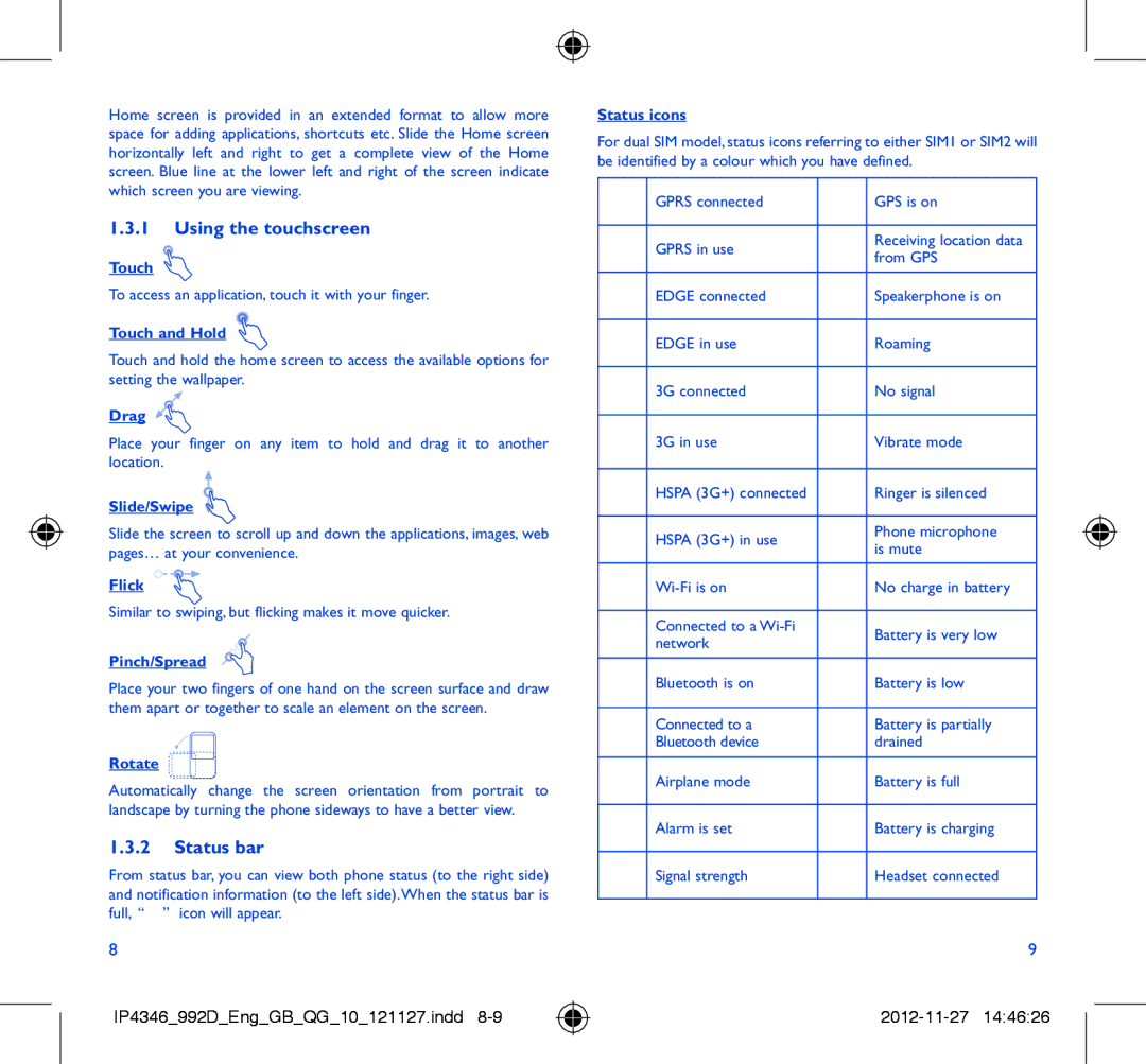 Alcatel ONE TOUCH 992D manual Using the touchscreen, Status bar 