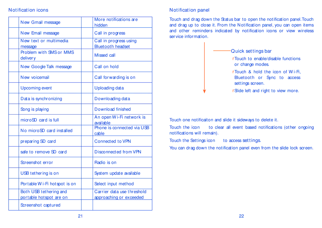 Alcatel ONE TOUCH 993/993D manual Notification icons, Quick settings bar 
