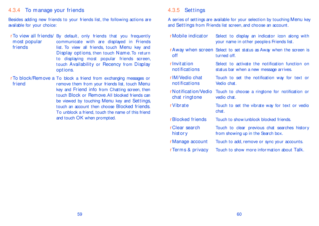 Alcatel ONE TOUCH 993/993D manual To manage your friends, Settings 