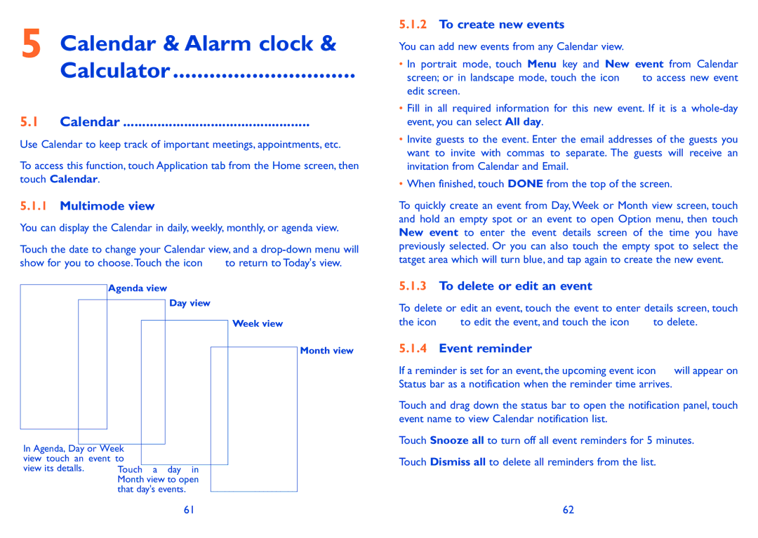 Alcatel ONE TOUCH 993/993D manual Calendar & Alarm clock Calculator 