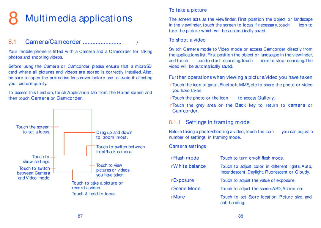 Alcatel ONE TOUCH 993/993D manual Multimedia applications, Camera/Camcorder, Settings in framing mode 