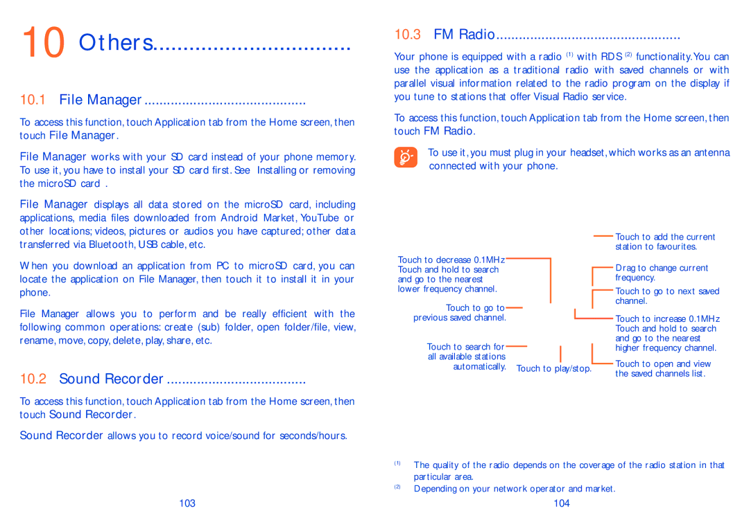 Alcatel ONE TOUCH 993/993D manual Others, File Manager, FM Radio, Sound Recorder 