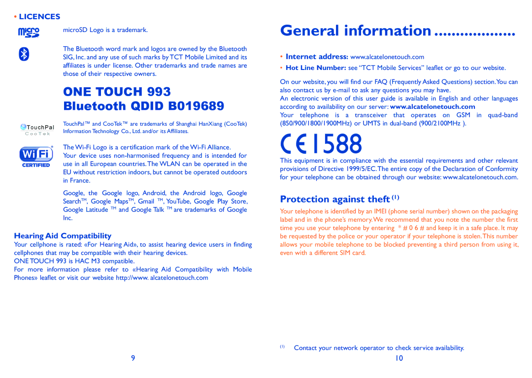 Alcatel ONE TOUCH 993/993D manual General information, Protection against theft, Hearing Aid Compatibility 