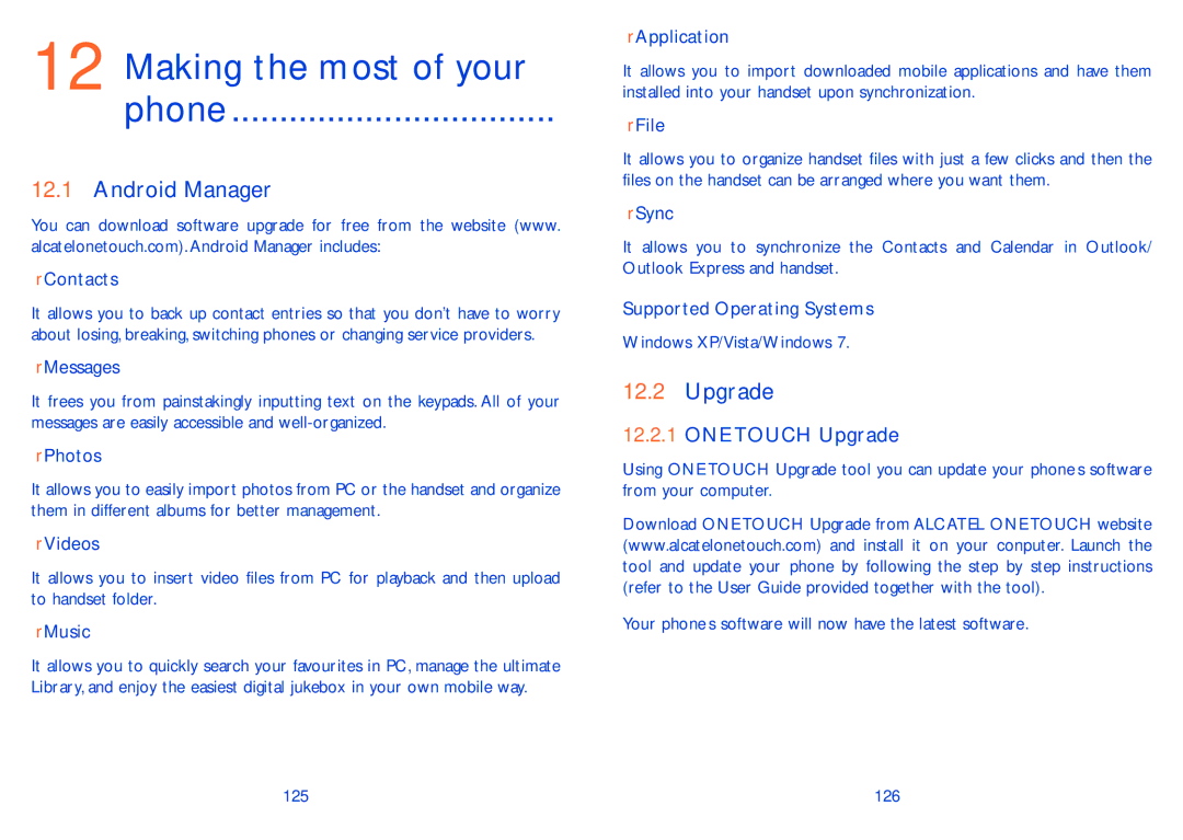 Alcatel ONE TOUCH 993/993D manual Making the most of your Phone, Android Manager, ONE Touch Upgrade 