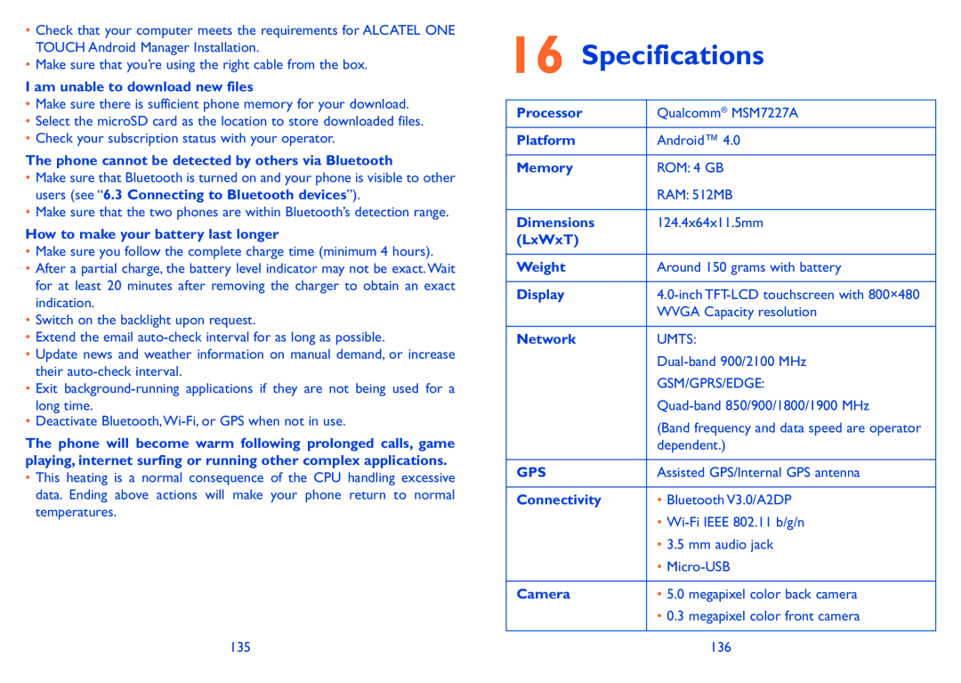 Alcatel ONE TOUCH 993/993D manual Specifications 