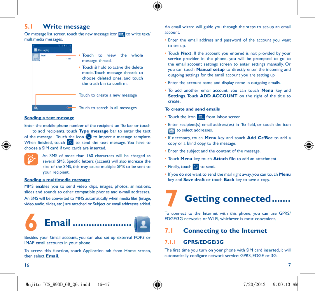 Alcatel ONE TOUCH 993/993D manual Write message, Connecting to the Internet, GPRS/EDGE/3G 