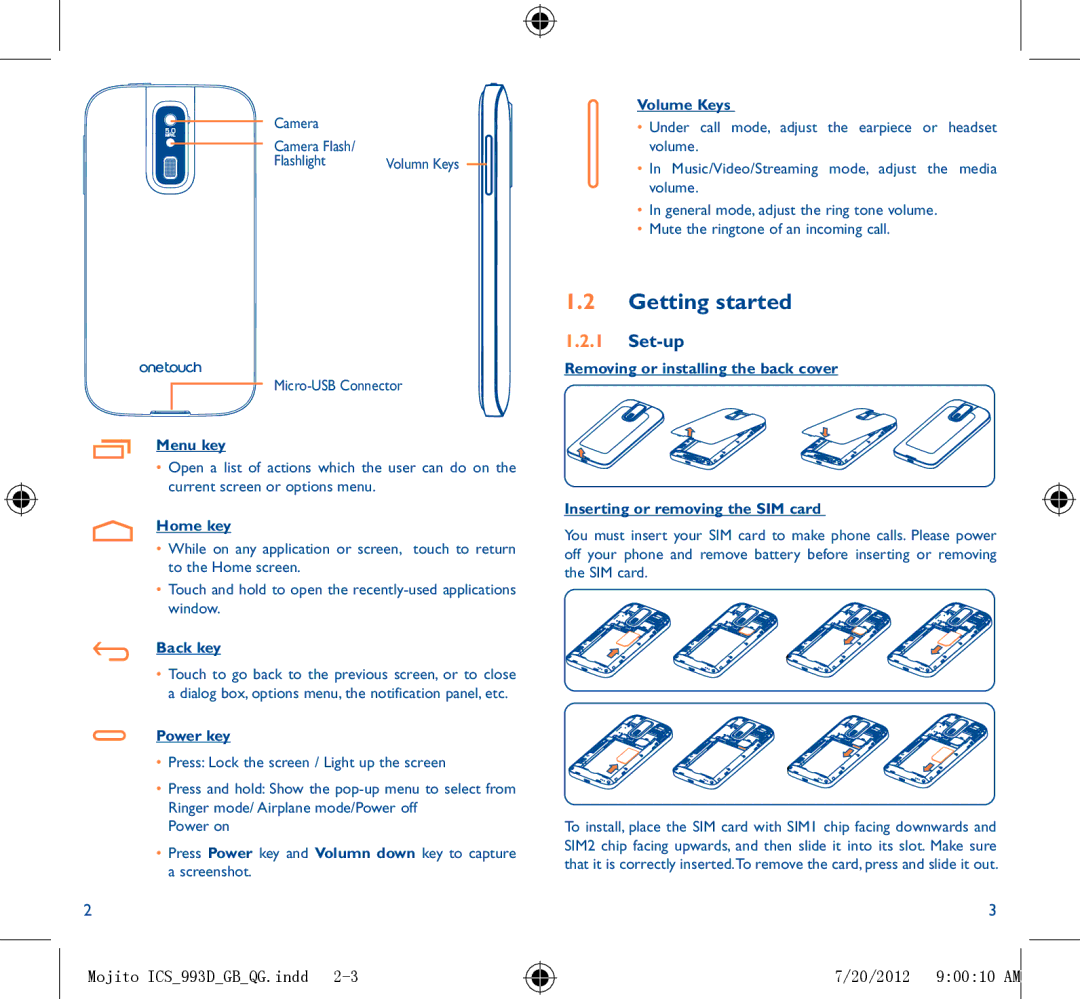 Alcatel ONE TOUCH 993/993D manual Getting started, Set-up, 20/2012 90010 AM 