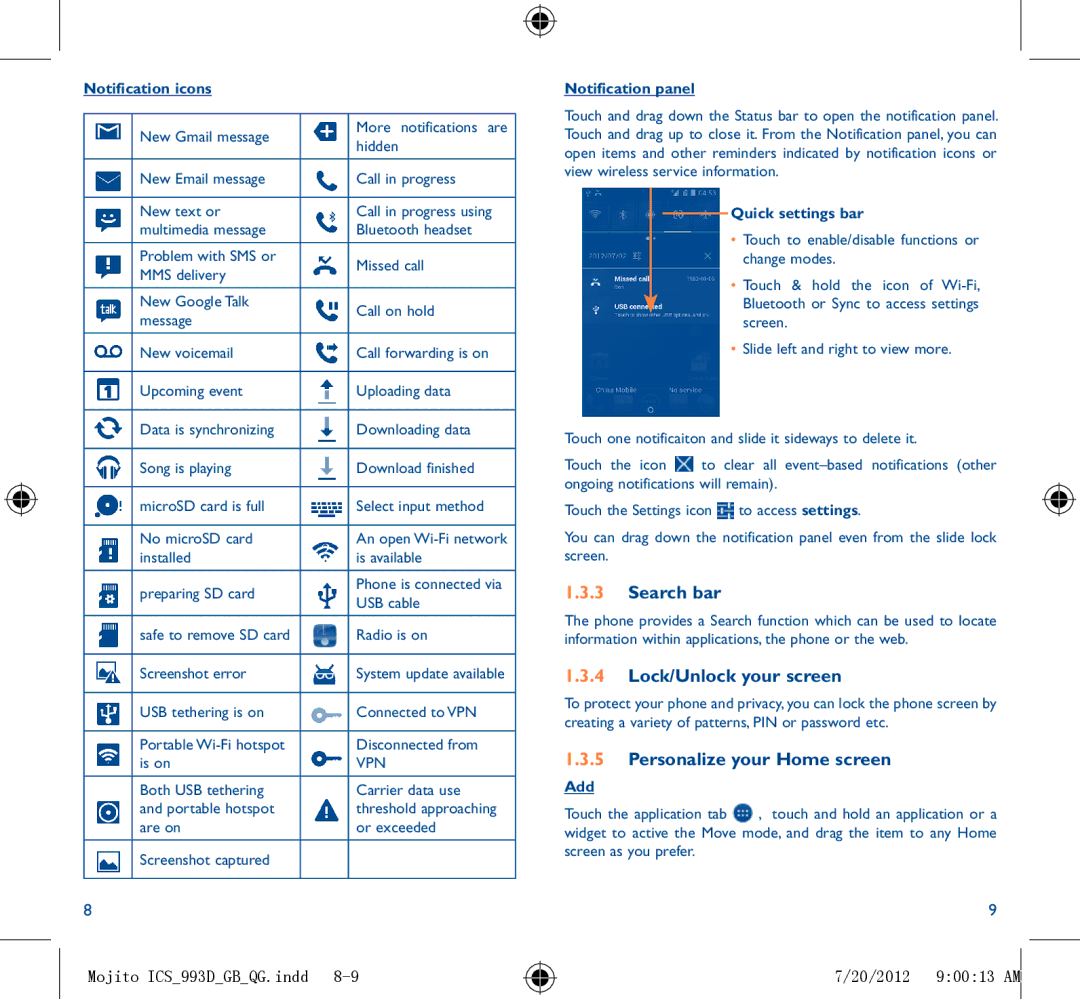 Alcatel ONE TOUCH 993/993D manual Search bar, Lock/Unlock your screen, Personalize your Home screen, 20/2012 90013 AM 