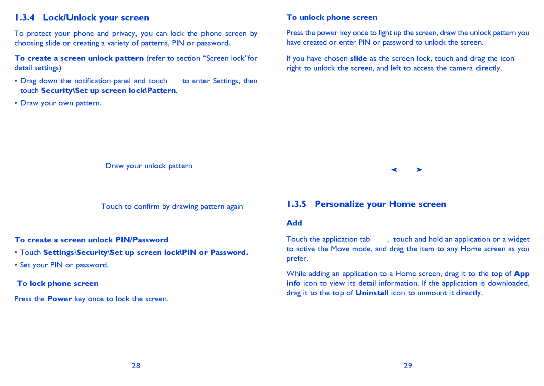 Alcatel ONE TOUCH 997/997D/998 manual Lock/Unlock your screen, Personalize your Home screen, To lock phone screen, Add 