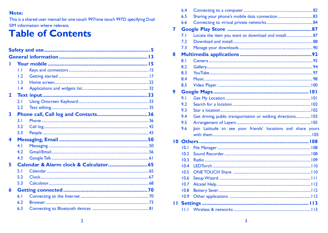 Alcatel ONE TOUCH 997/997D/998 manual Table of Contents 