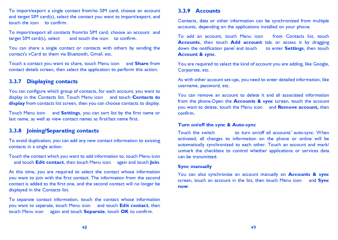 Alcatel ONE TOUCH 997/997D/998 Displaying contacts, Joining/Separating contacts, Accounts, Sync manually 