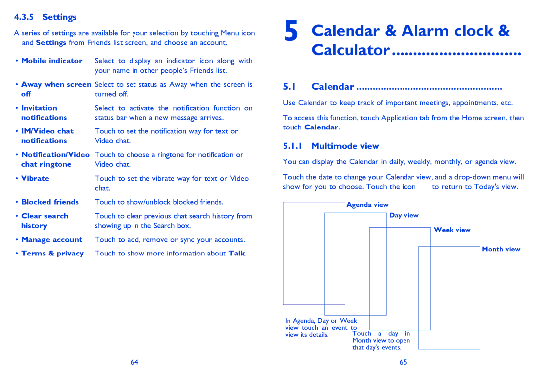 Alcatel ONE TOUCH 997/997D/998 manual Calendar & Alarm clock Calculator, Settings, Multimode view 