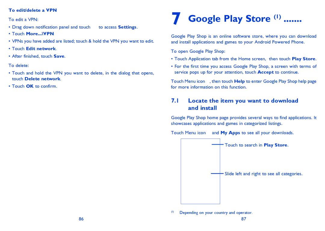 Alcatel ONE TOUCH 997/997D/998 Google Play Store, Locate the item you want to download and install, To edit/delete a VPN 