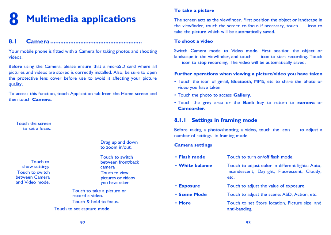 Alcatel ONE TOUCH 997/997D/998 manual Multimedia applications, Camera, Settings in framing mode 
