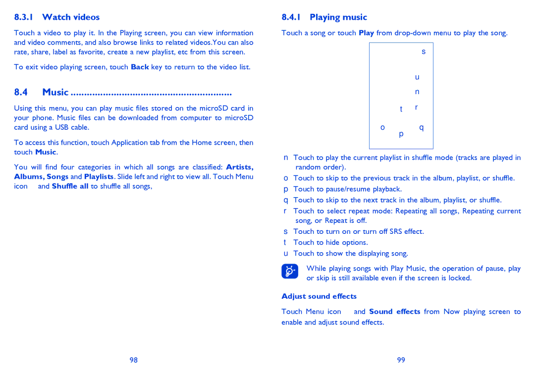Alcatel ONE TOUCH 997/997D/998 manual Music, Watch videos, Playing music, Adjust sound effects 
