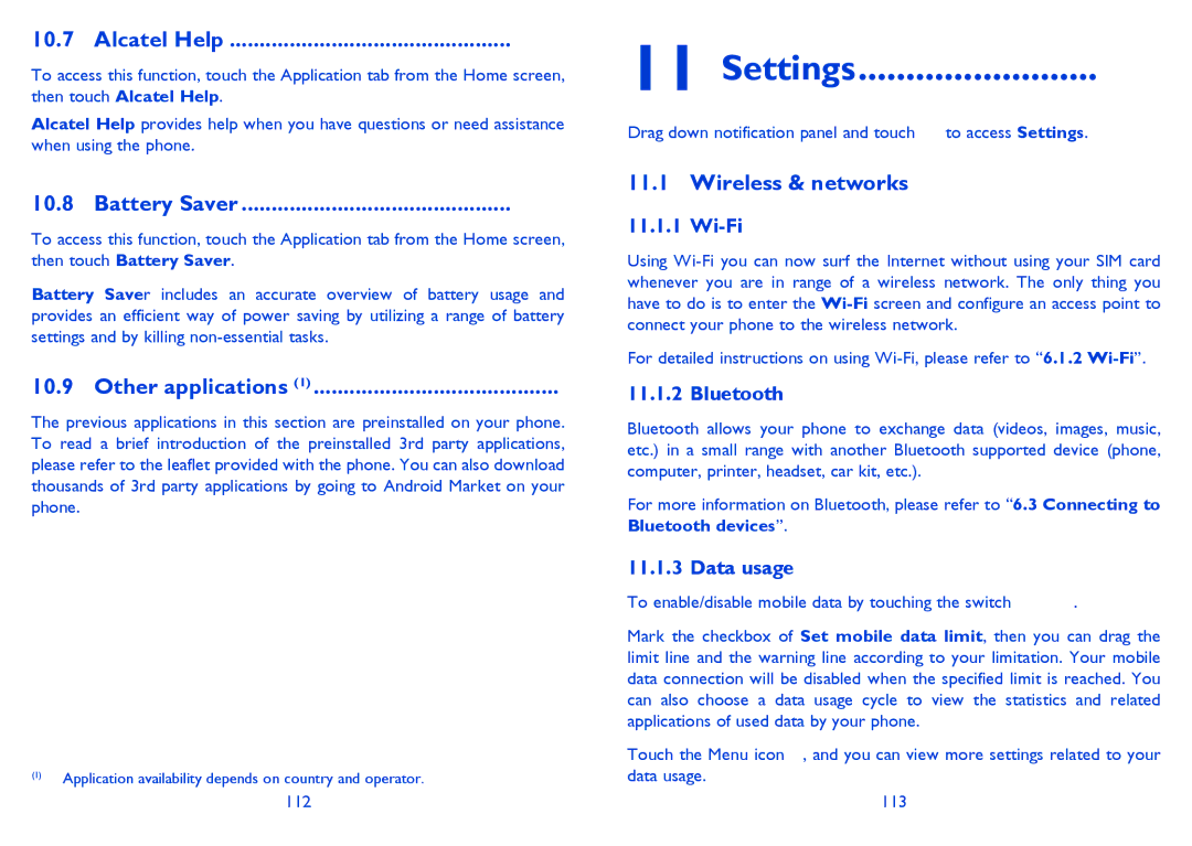 Alcatel ONE TOUCH 997/997D/998 manual Settings, Alcatel Help, Battery Saver, Other applications, Wireless & networks 