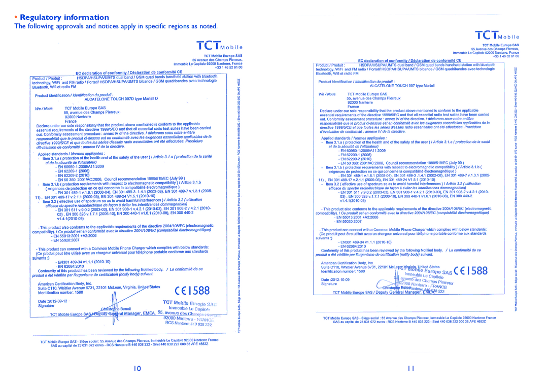 Alcatel ONE TOUCH 997/997D/998 manual Regulatory information 