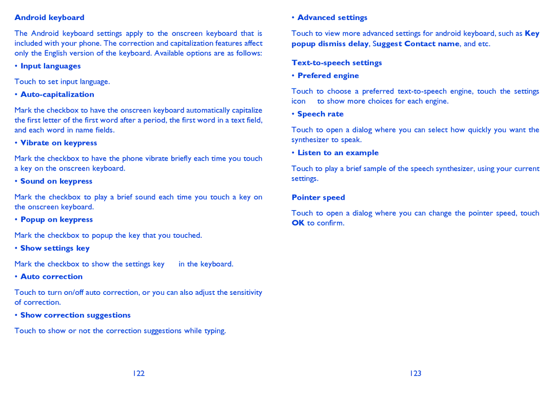 Alcatel ONE TOUCH 997/997D/998 Android keyboard, Input languages, Auto-capitalization, Vibrate on keypress, Speech rate 