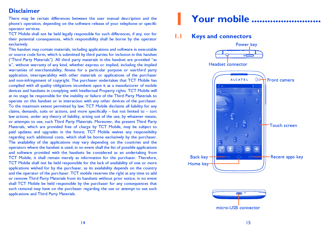 Alcatel ONE TOUCH 997/997D/998 manual Your mobile, Disclaimer, Keys and connectors 