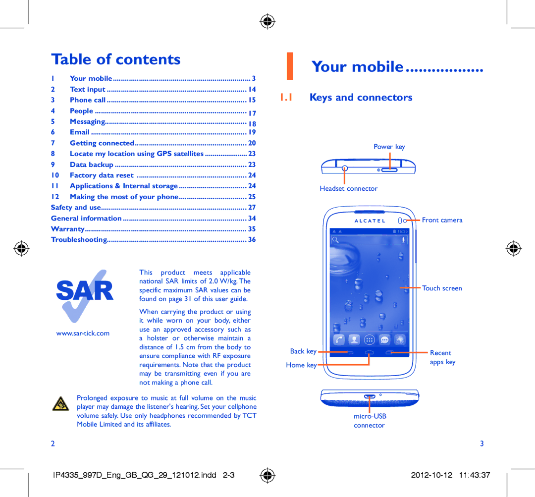 Alcatel ONE TOUCH 997/997D/998 manual Table of contents, Your mobile 